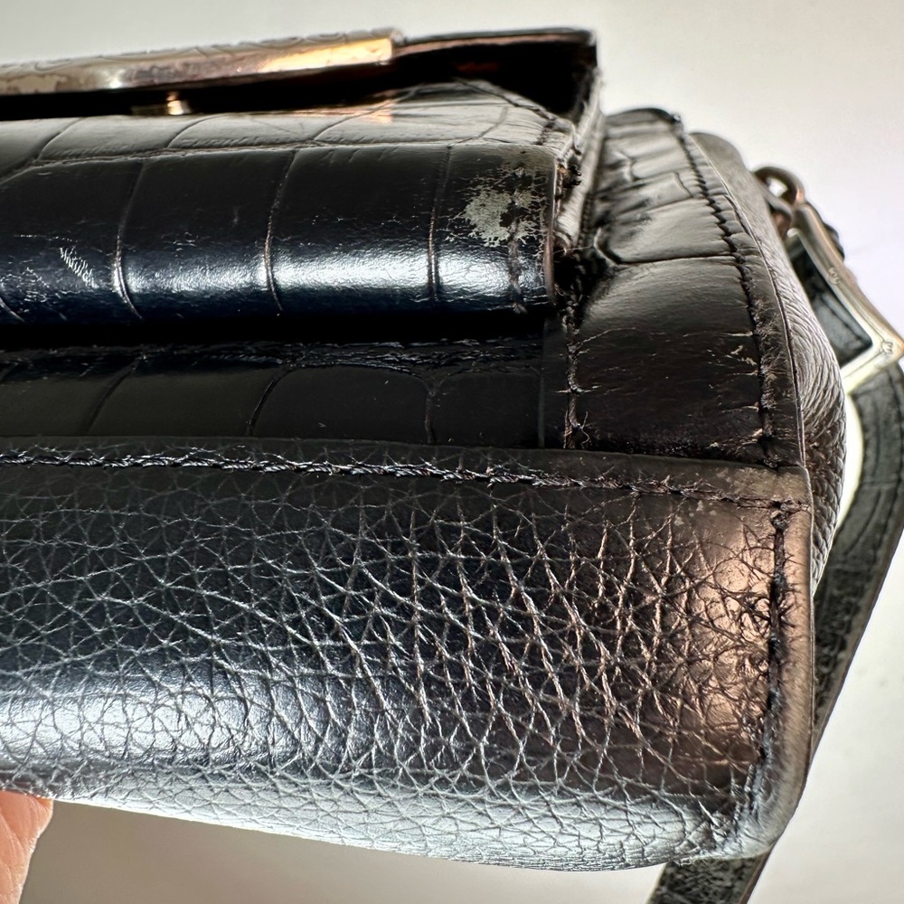 Black Croc-Embossed Leather Crossbody Bag with Silver Trim & Organizer - Picture 9 of 9
